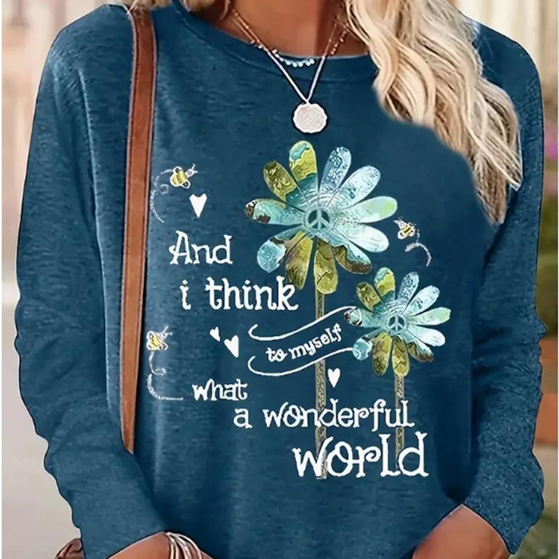 

Топы для женщин, слоган с буквами алфавита, цветочный принт, круглый вырез, длинный рукав, футболка, осенний повседневный тонкий пуловер, женский топ с длинным рукавом 8XL синий