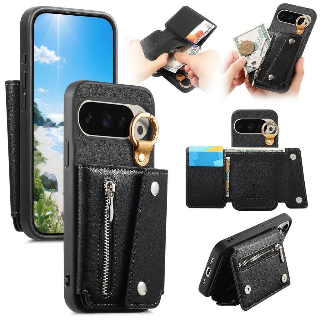 For Google Pixel 10 Pro XL/9 Pro XL Case D-Ring Holder Leather + PC + TPU Phone Cover with Wallet Kickstand