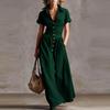 Camicia da Donna a Maniche Corte alla Moda Retro a Vita con Revers Stile Western Colore Unito Estiva Abito Lungo Elegante a Linea ad A