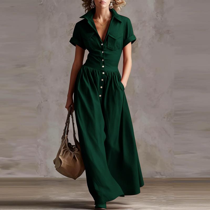 Camicia da Donna a Maniche Corte alla Moda Retro a Vita con Revers Stile Western Colore Unito Estiva Abito Lungo Elegante a Linea ad A