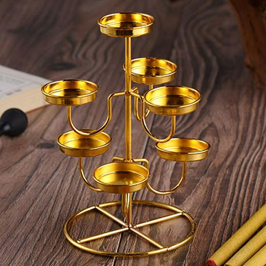 Buddhist Ghee Lamp Holder - Seven Stars Oil Lamp with Lotus Design for Temple Offerings and Everlasting Candle Display.