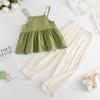 Girls Summer Green Crochet Camisole And White Bloomers Two Piece Set Casual Vacation Outfit For Kids