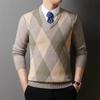 Winter Warm Men's Plaid V-neck Long Sleeved Sweater Knitted Sweater Fashion Casual Versatile Top