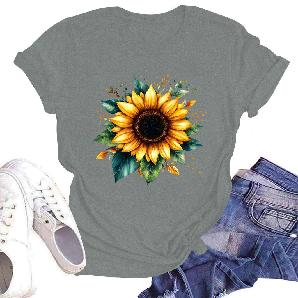 Dam Rundhalsad Casual T-shirt Topp med Blommigt Tryck och Korta Ärmar