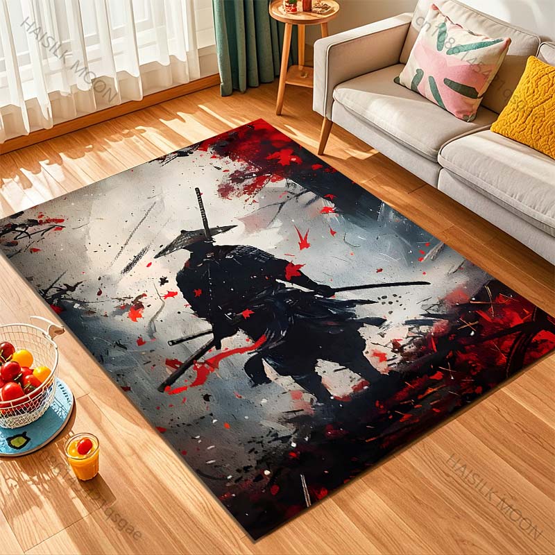1PC Samurai with Swords Red Leaves Print Carpet Rug for Living Room Bedroom Sofa Doormat Home Decor Non-slip Floor Mat