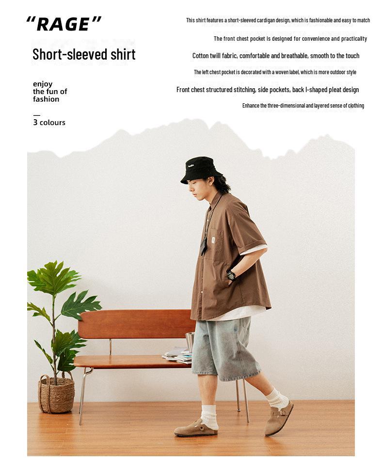 Hanlu Heren Japans Stijl Patchwork Kortmouw Werkkleding Shirt met Dubbele Zijzakken