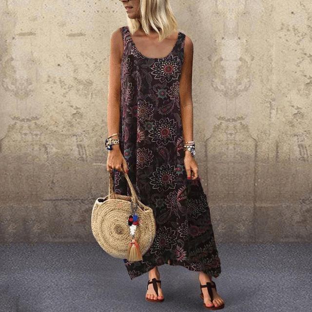 Women Summer Off Sholuder Round Neck Printed Big Swing Loose Casual Holiday Beach Long Dress