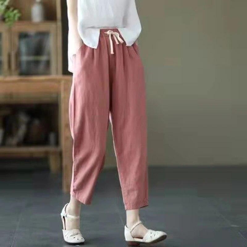 Spring Summer Cotton Linen Pants Women Solid Color Casual Ankle-length Pant Woman Lace-up Waist Loose Trousers