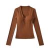 Women's V-Neck Long-Sleeve Base Layer Top with Chest Pads – Slimming, Sexy, and High-end Design for Autumn and Winter
