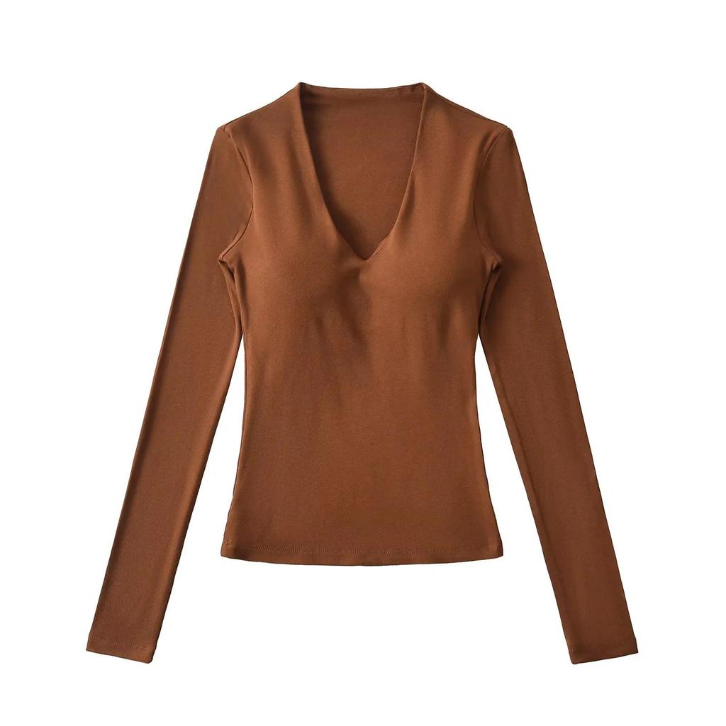 Women's V-Neck Long-Sleeve Base Layer Top with Chest Pads – Slimming, Sexy, and High-end Design for Autumn and Winter