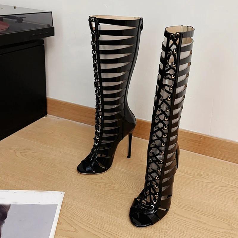 Fashion Luxury Women Boots Summer Fashion Hollow Out Cross Strap Knee High Boots Sandals for Women Zip Sexy Peep Toe Stripper Heels Shoe