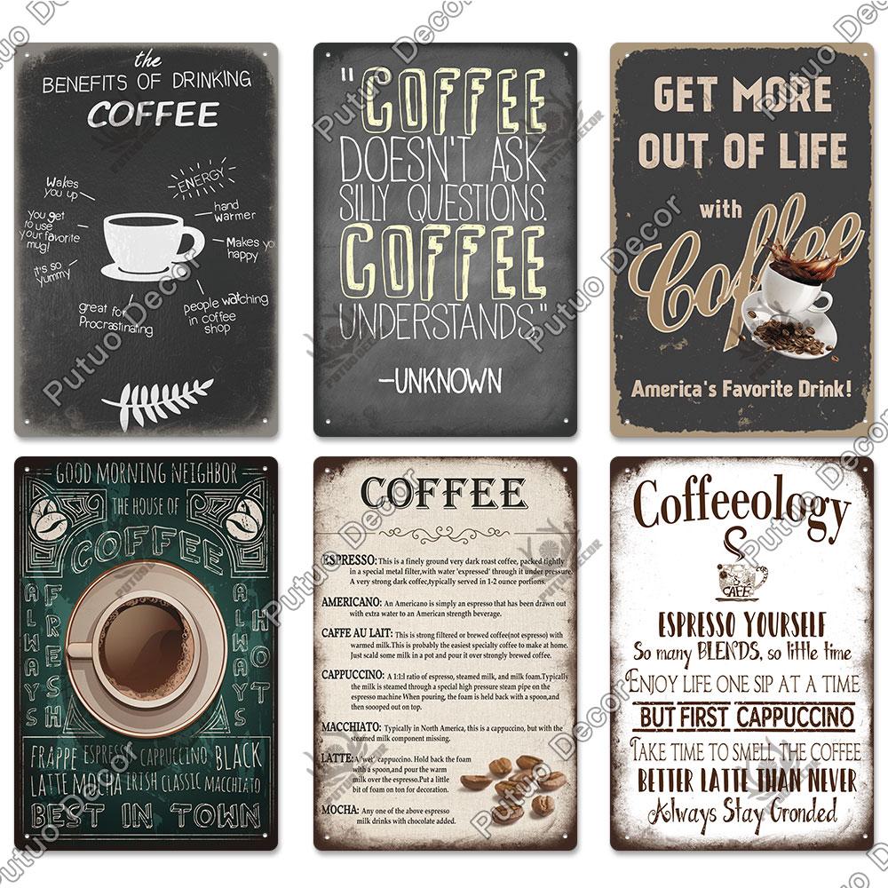 Putuo Decor Coffee Vintage Tin Metal Sign Decorative Plaque Retro Plate Cafe Kitchen Man Cave Coffee Bar Club Wall Decoration
