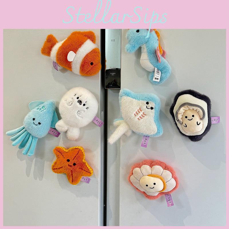 Cartoon Marine Life Plush Magnet Set With Pp Cotton For Refrigerator Decor
