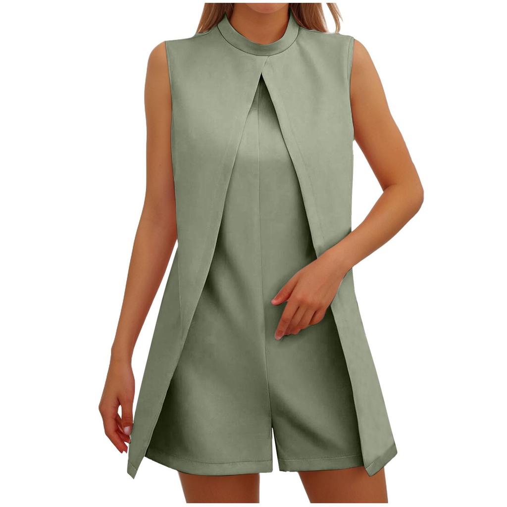 Combinaison courte sans manches à col rond pour femme, couleur unie