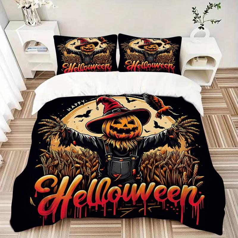 3pc Halloween Scarecrow Cover Set - 1 Quilt Cover + 2 Pillowcases, All Seasons Bedroom Setting, Perfect for Home058
