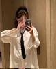 Women's White Tie Shirt - College Style, Non-Iron, Loose Fit, Medium-Length, Versatile Spring/Autumn Top