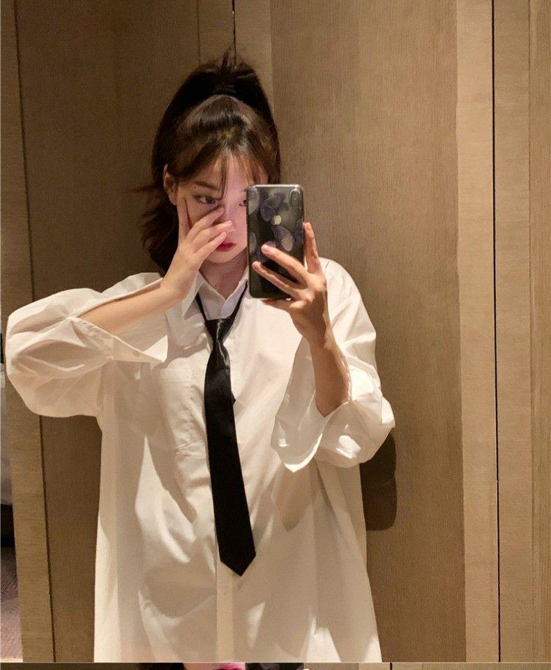 Women's White Tie Shirt - College Style, Non-Iron, Loose Fit, Medium-Length, Versatile Spring/Autumn Top