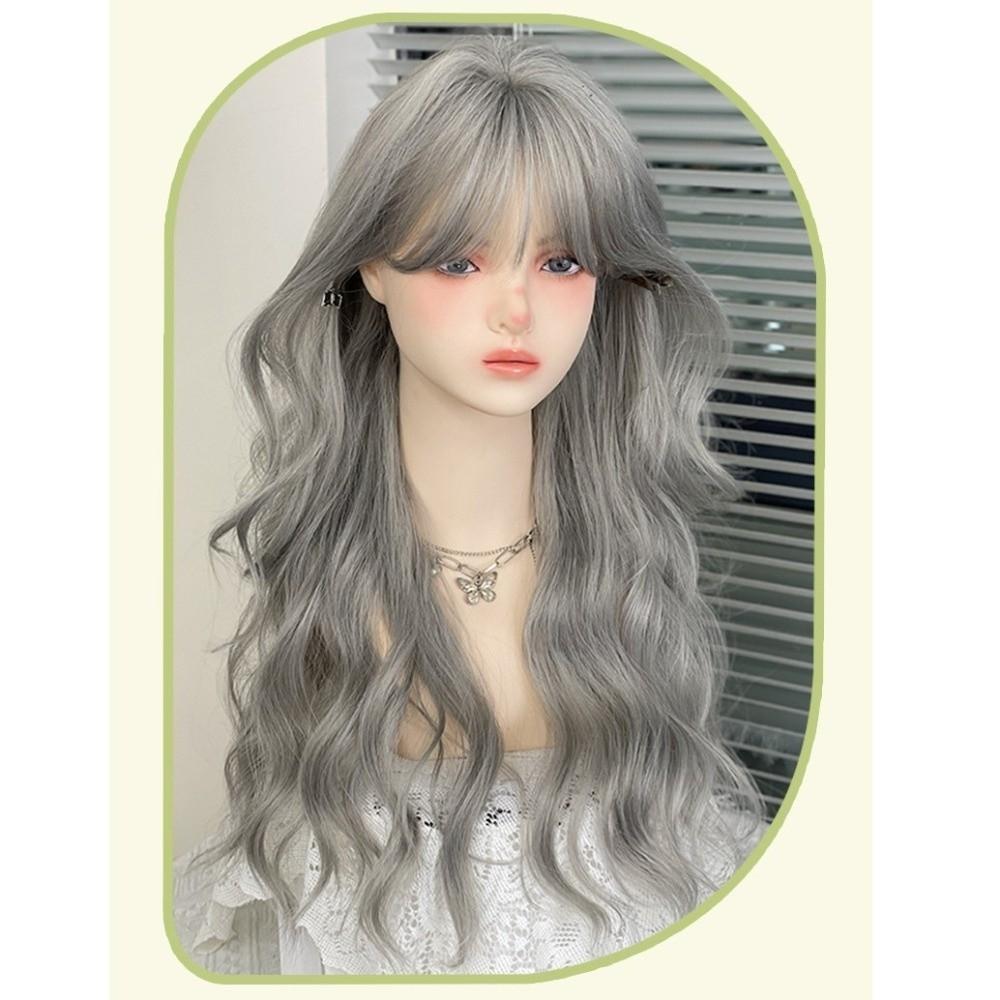 Air Bangs Grey Cosplay Wigs with Bangs Halloween Lolita Headband Wigs Long Curly Wave Hair  Girl