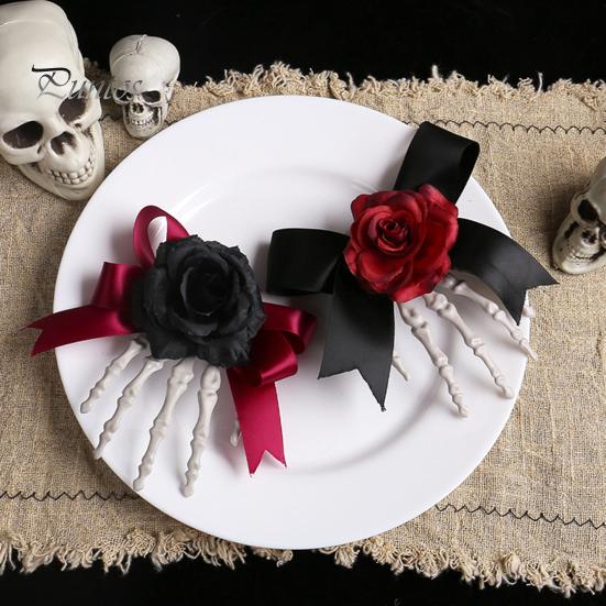 Halloween Hair Pin Skeleton Hand Frame Artificial Rose Flower Bow Decoration Hair Clip Dark Horror Style Hairpin