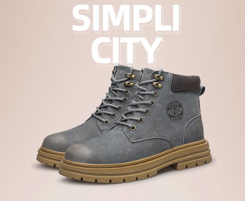 Men's Large Size Winter Genuine Leather Martin Boots, Thick Sole, High-Top, Outdoor, Plus Velvet, Yellow Work Boots.