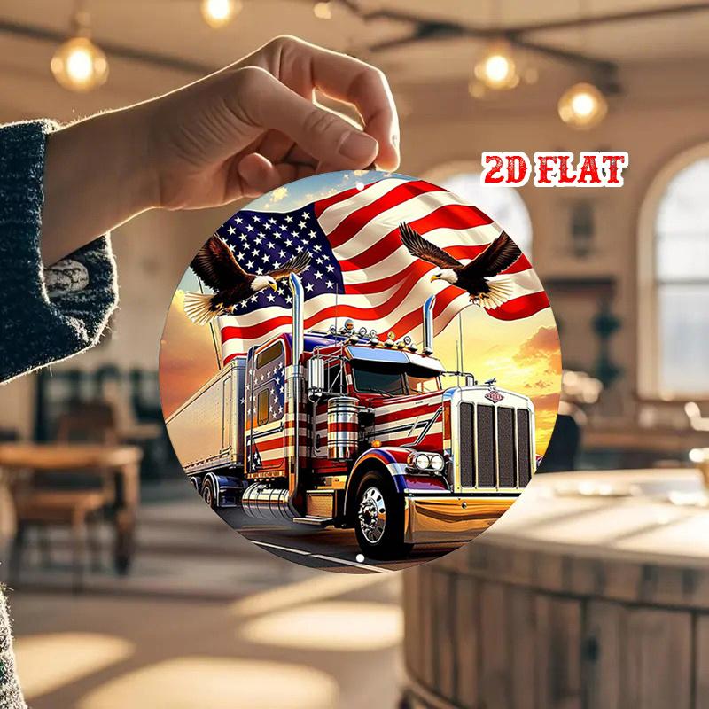 D Flat pc Adventure Spirit Round Sign American Flag Metal Sign Eagles Rustic Metal Wall Art Trucks Metal Wall Art Decor 20x20cm(8x8inch)