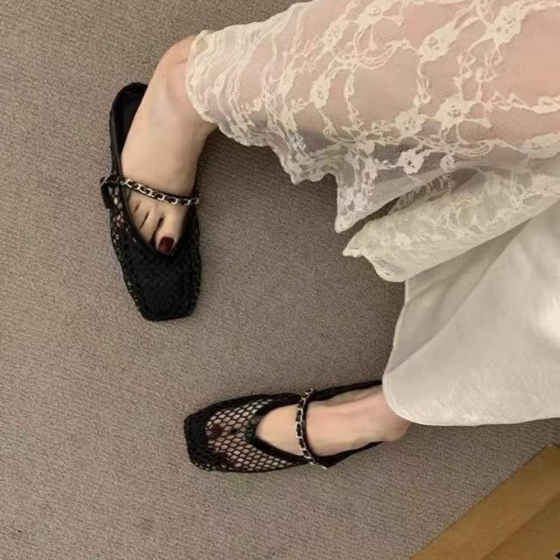 Retro Flat Shoes Summer New Square Toe Fishing Net Breathable Hollow Outside Wear Slip-on Baotou Half Slippers