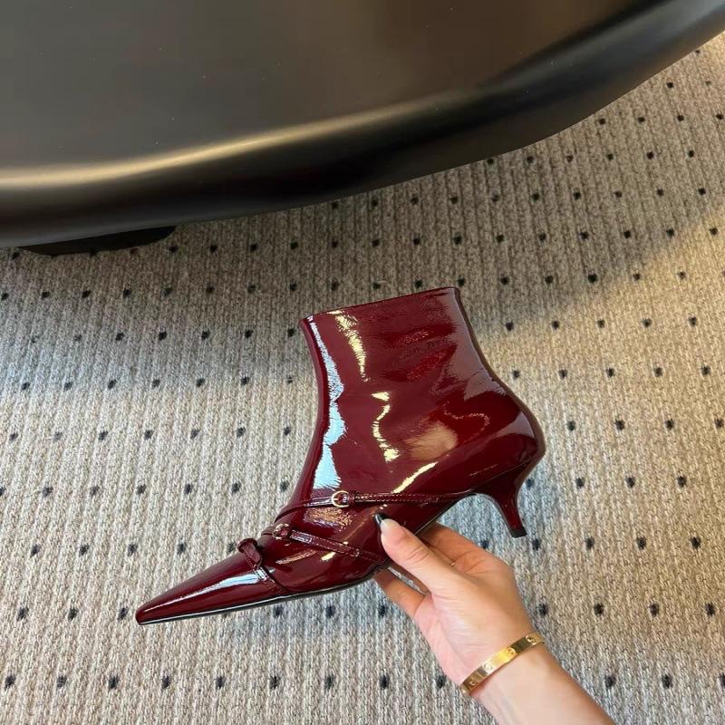 Fashion New fashionable patent leather women's boots slim fit pointed buckle European high heels ankle boots