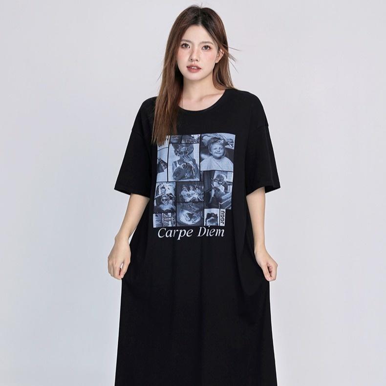 Loose-fitting Large-sized Women's Round-neck Short-sleeved T-shirt Dress, Long Laid-back Style Dress, Knee-length Sleeping Dress
