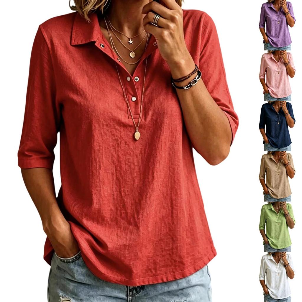 Women Casual Half Sleeve Shirt Lightweight Buttoned Polo Collar Top Relaxed Fit Tunic Blouse for Everyday Wear