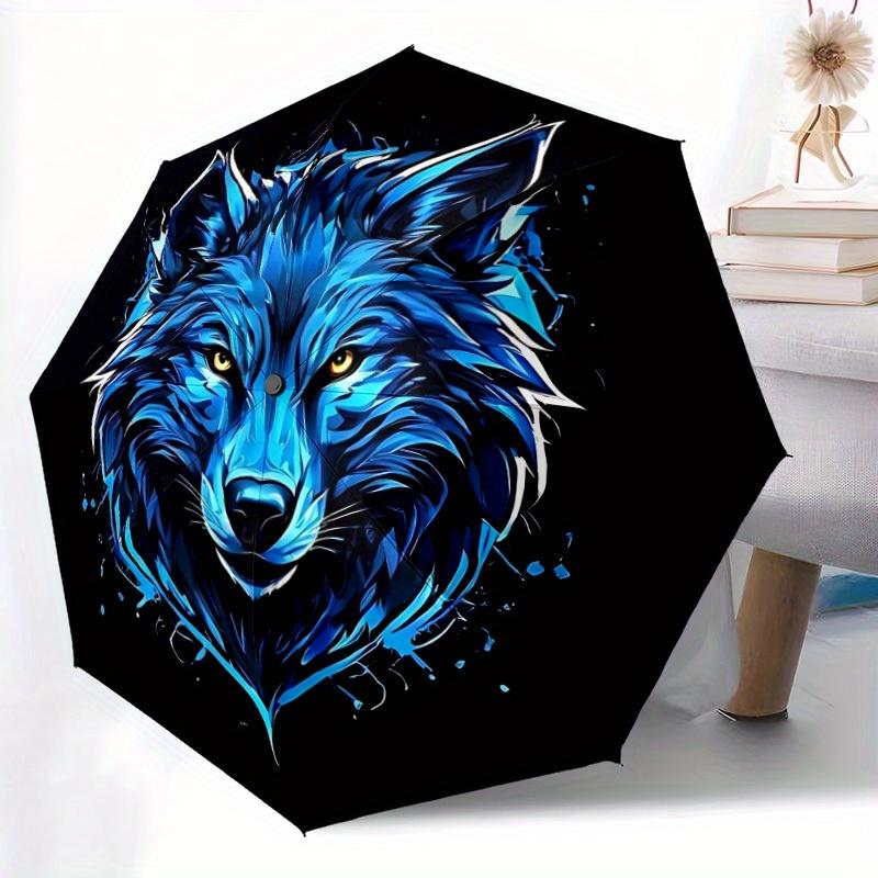 1pc Blue Wolf Head Automatic Open/close Folding Umbrella, Compact Portable Travel Umbrella,Durable Construction Yy250814168