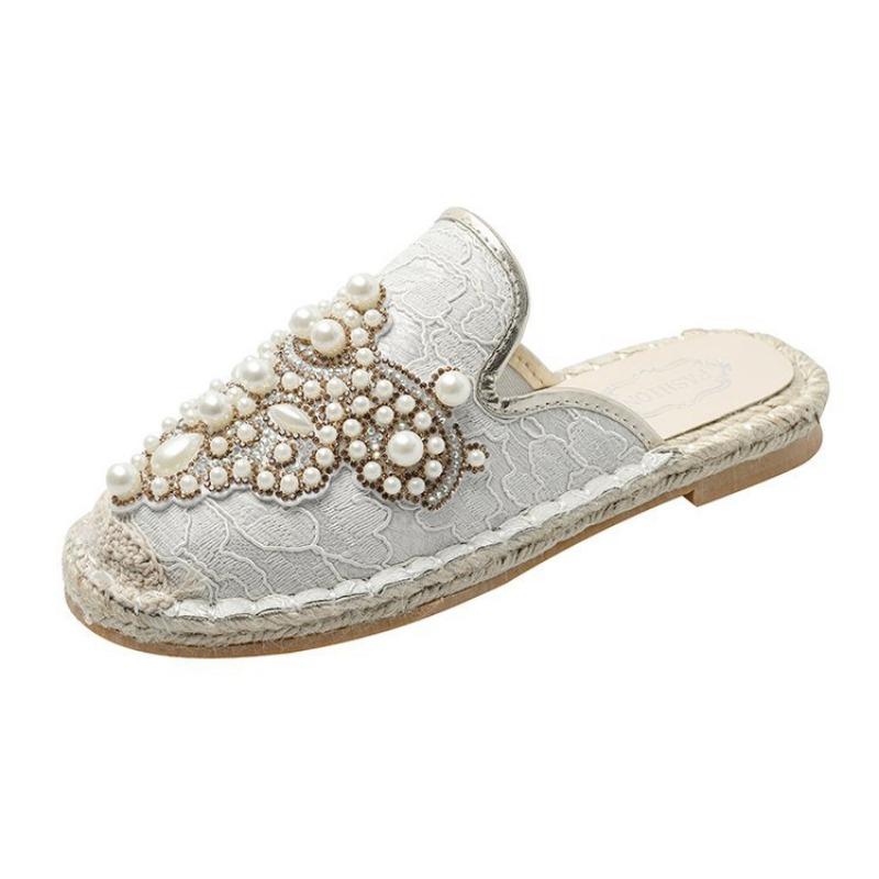 Spring new flat-bottomed casual round head vine bottom straw woven fisherman shoes women's shoes versatile beaded women's single shoes