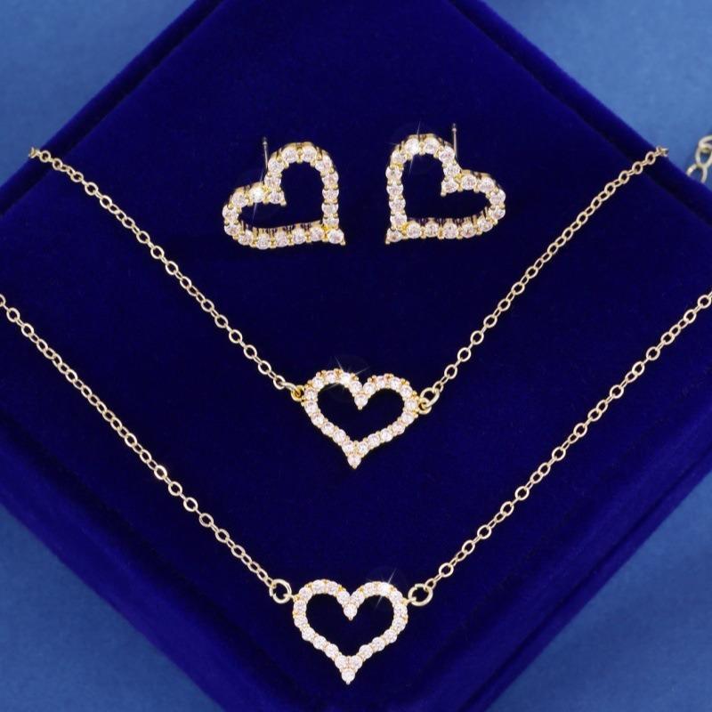 Micro Inlaid Full Rhinestone Hollow Heart Bracelet Necklace Earrings Fashion Jewelry Set