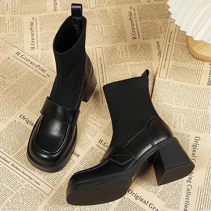 Fashion Women Ankle Boots Splicing Knitting Genuine Leather Thick Heels Shoes Woman Office Lady Working Basic Autumn Winter 2024