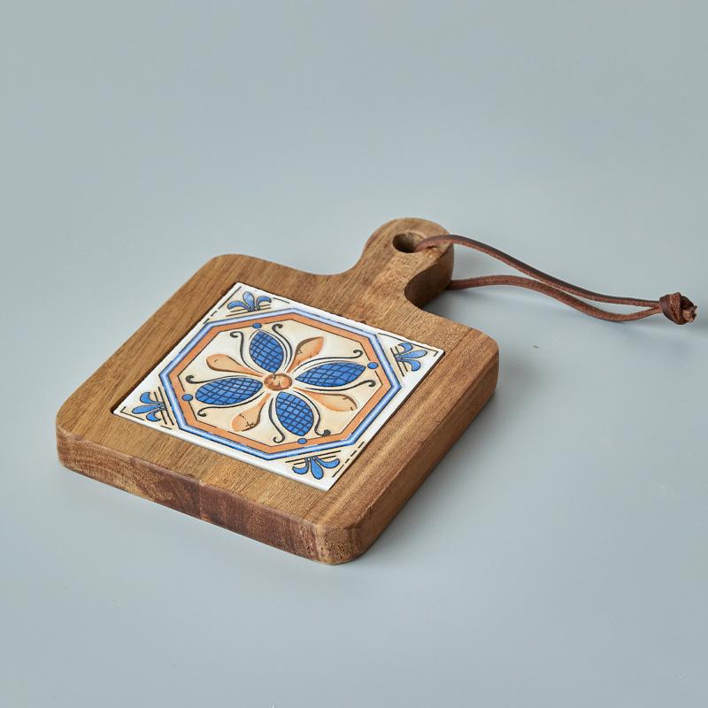 Japanese Solid Wood Floral Tile Heat-Resistant Kitchen Mat - Insulated Pot Holder, Retro Placemat, Casserole Mat, Coaster