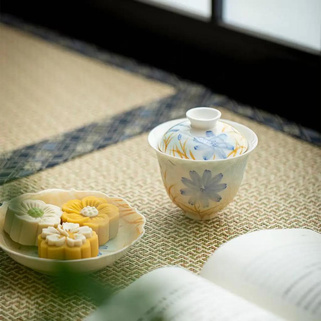 140ML Oil Painting Style Hand-painted Cover Bowl KungFu TeaSet Household Tea Bowl Thin Tire Gold Yarn Wrapped in Blue Cover Bowl