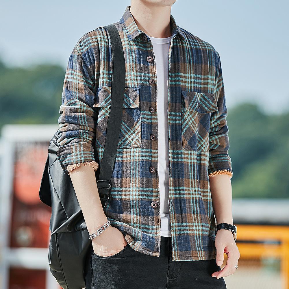 Podzimní/zimní Bavlna Košile Trend Kostkovaná Jehněčí Vlna Zesílená Kostkovaná Teplá Košile pro Muže