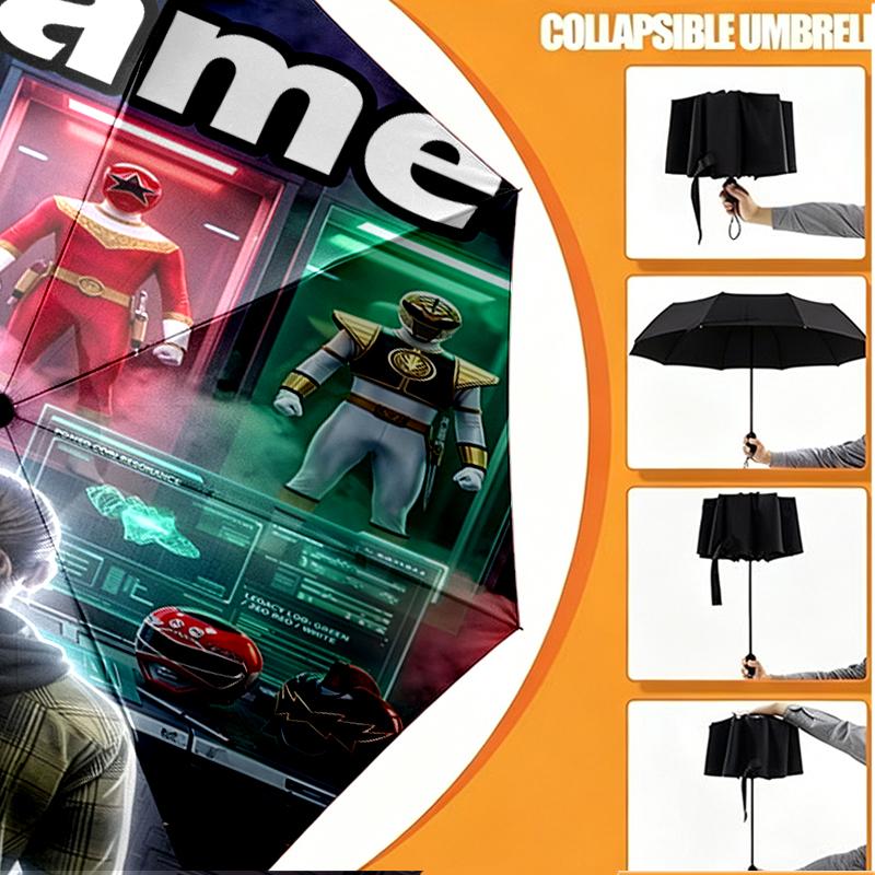Custom Name Personalized Mighty Morphin Power Rangers Print Umbrella, Auto Open Close, 8‑Rib Sturdy Frame, Commute Camping Hiking Use, Birthday Gift