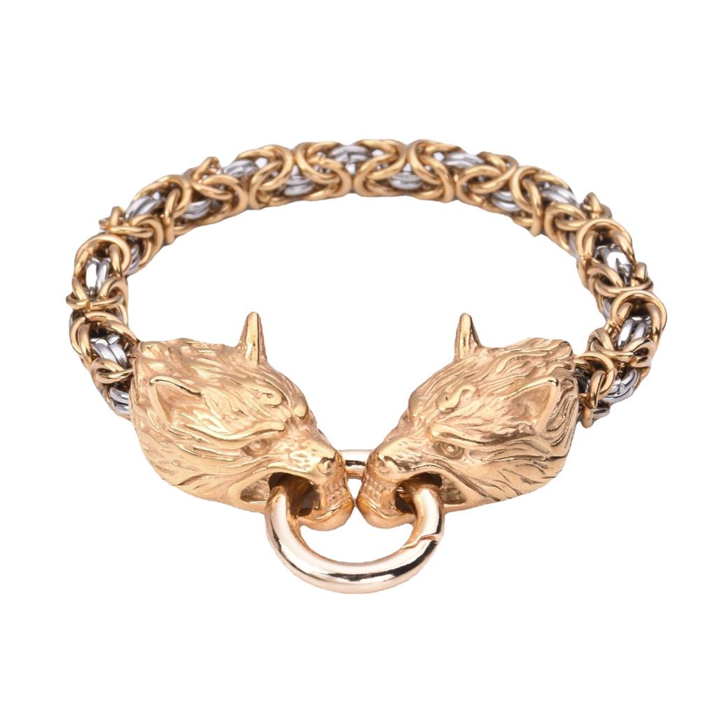 Pulsera de acero inoxidable con cabeza de lobo vikingo, pulsera de cadena de eslabones redondos, joyería de acero inoxidable para hombres