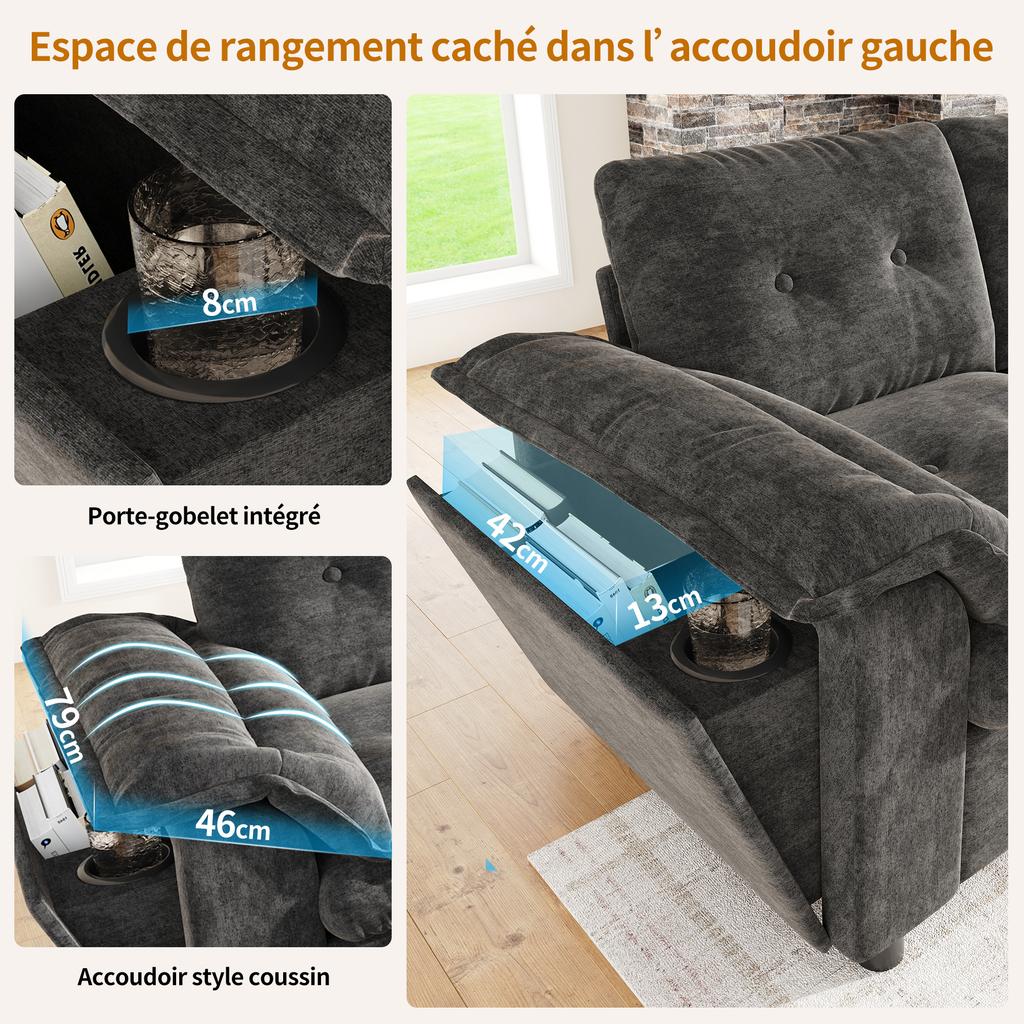 Modular 6-Seater Corner Sofa in U-/L-Shape with Two Movable Storage Stools, Center Console, Cup Holders, USB/Type-C and LED; Chenille Fabric, Grey