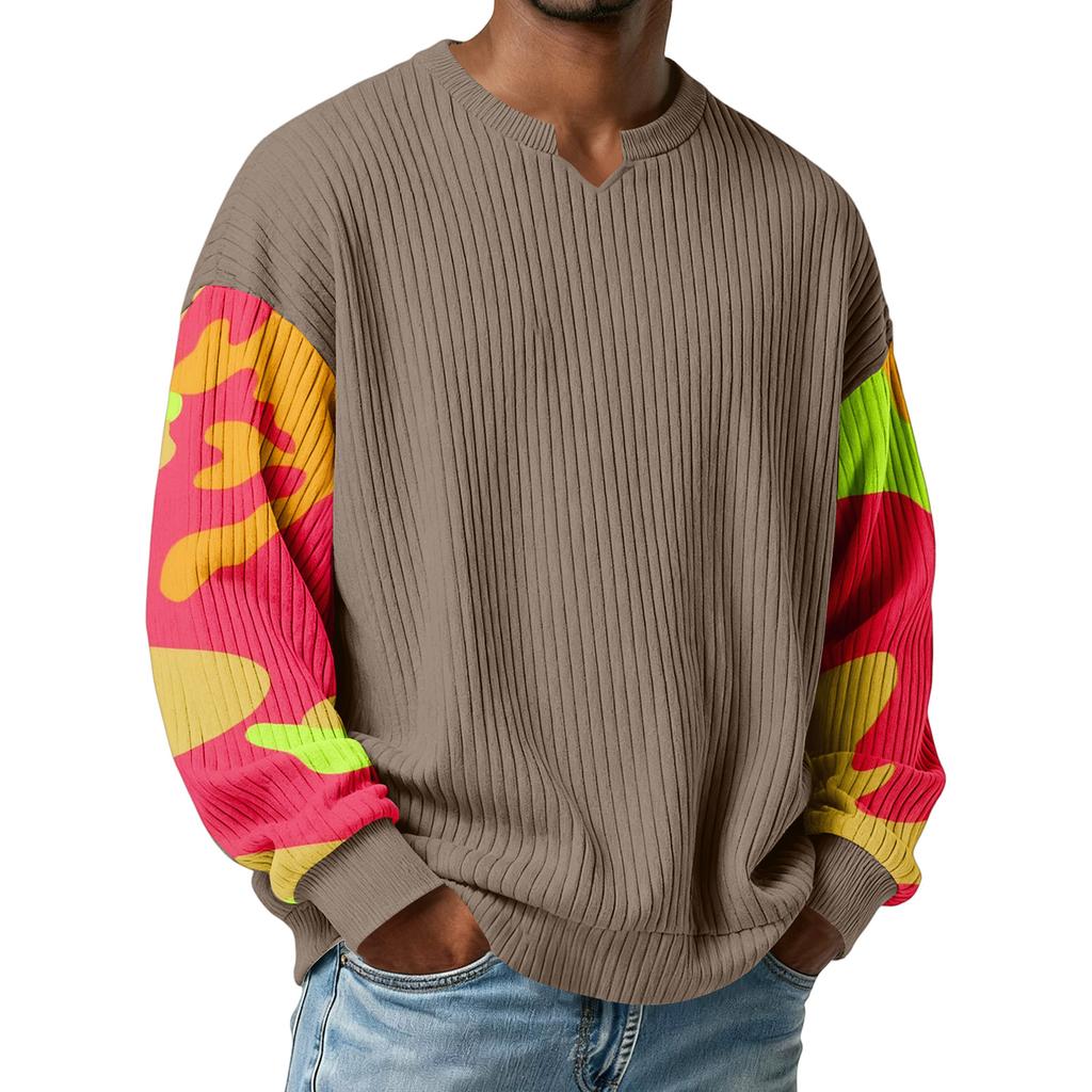 Men's Camouflage Stylish V-Neck Ribbed Textured Long-Sleeve T-Shirt