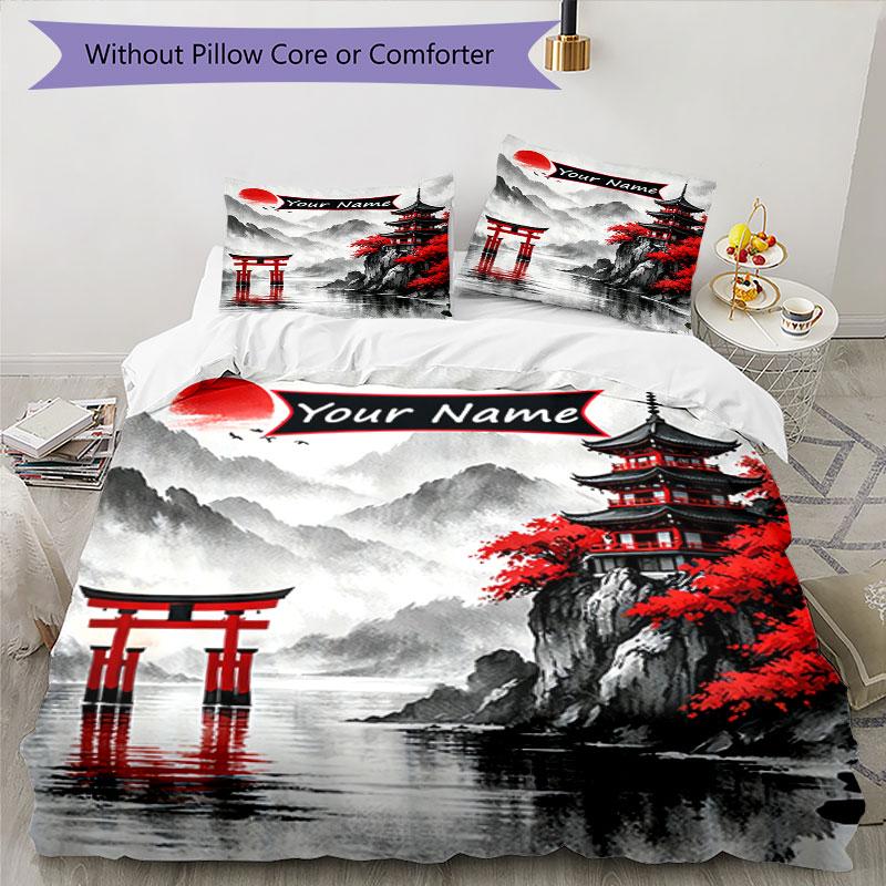 3PC Custom Name Japanese Landscape Torii Gate Bedding Set Duvet Cover Closure Includes 1 Duvet Cover & 2 Pillowcases for Bedroom