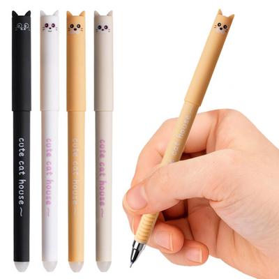 4Pcs Cute Cat Erasable Gel Pens 0.5mm Retractable Clip Pens with Eraser Tips Kawaii Cartoon Writing School Supplies