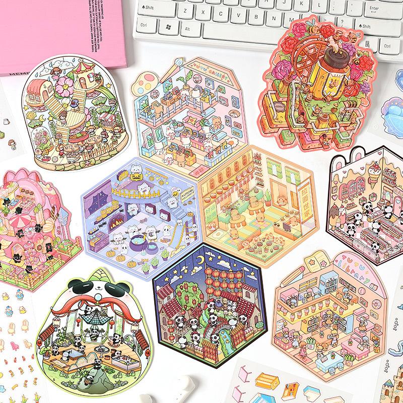 8pcs Stickers+4pcs Scene Fun 3D Stereoscopic Scene Stickers Creativity Decorative Hand Account Scrapbooking Stationery