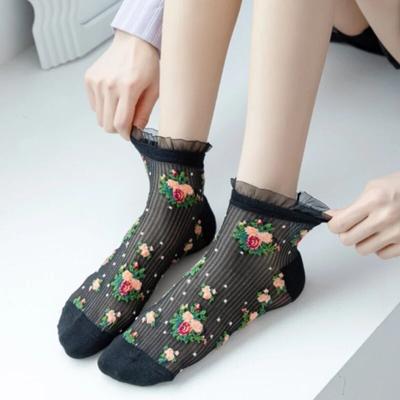 Japan Style Lace Ruffle Socks Flower Embroidery Harajuku Retro Women Short Socks Summer Ultra-thin Transparent Crystal Silk Sock