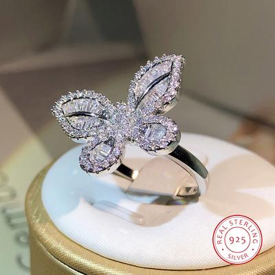 Sterling Silver Exquisite Big Butterfly White Zircon Ring Full Of Diamonds For Ladies Jewelry Party Wedding Birthday Gift
