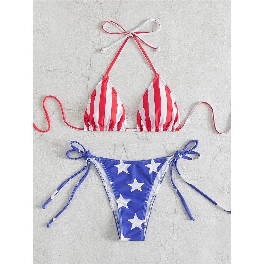 Flag Printed Striped Halter High Cut Bikini Female Swimsuit Women Swimwear Two-pieces Bikini Set Bather Bathing Suit Swim