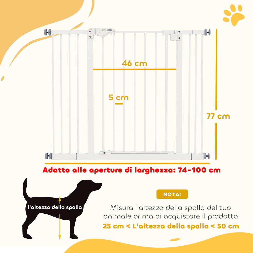 Adjustable Dog Gate Up To 100 Cm Without Screws with 2 Extensions and Height 72 Cm, White