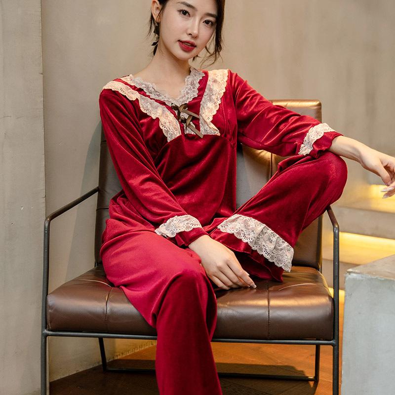 Couple red golden velvet pajamas autumn and winter wedding festive long-sleeved loungewear newlywed men's sense suit