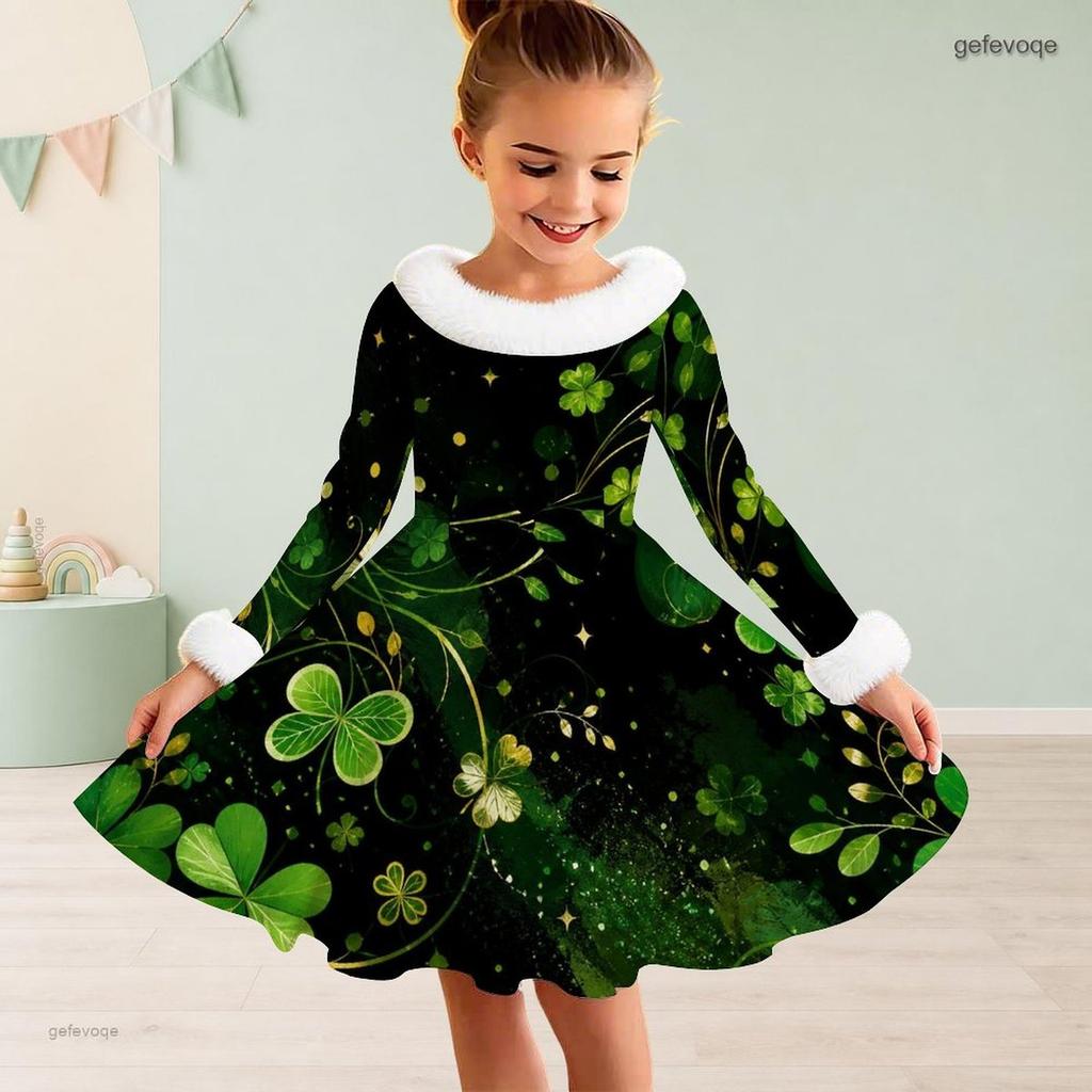 Girls Furry Collar Long Sleeve Dark Blue Snowflake Printed A Line Dress With Big Bow
