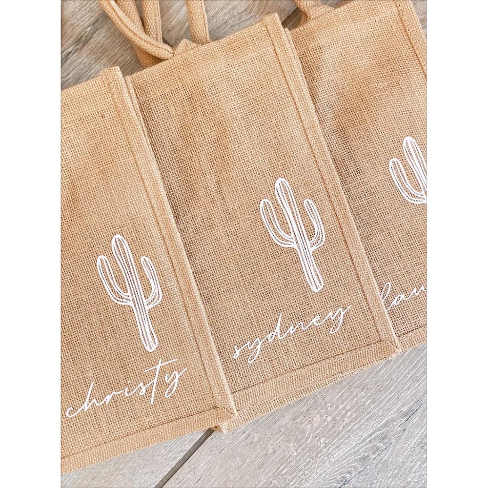 Custom Minimalist Cactus Beach Bag Bridesmaid Burlap Beach Tote Bags Wedding Bachelorette Party Bride To Be Bridal Shower Gift